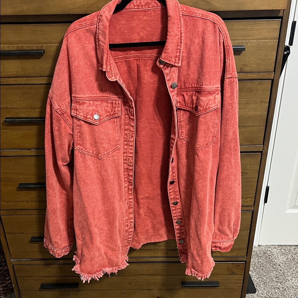 Red Denim Jacket with Frayed Hem